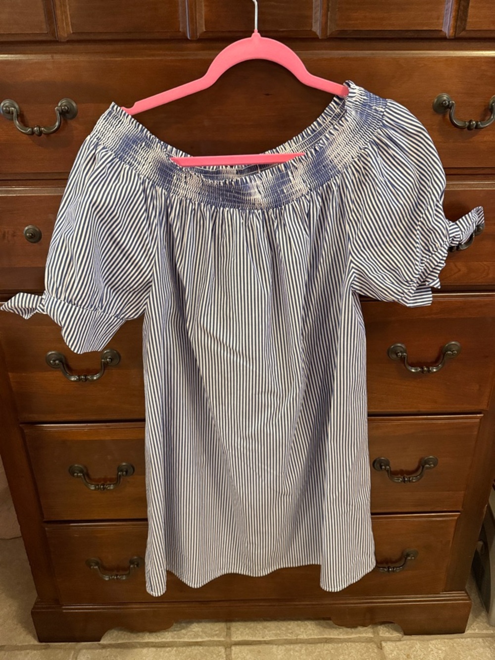 Striped Blue & White Smocked Neck Women's off the shoulder dress